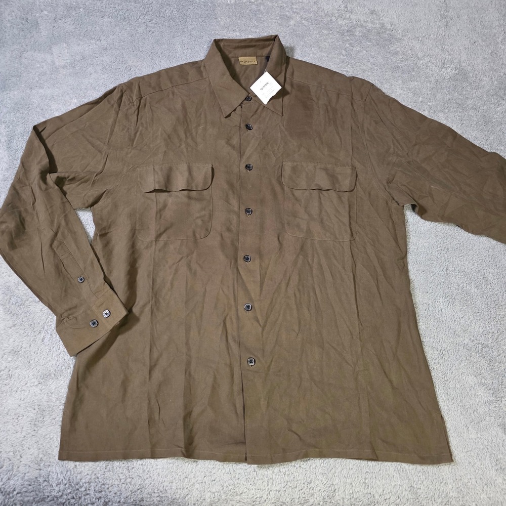 AXIST Mens L Button Up‎ Shirt Brown 100% Silk Long Sleeve Dual Pocket Solid